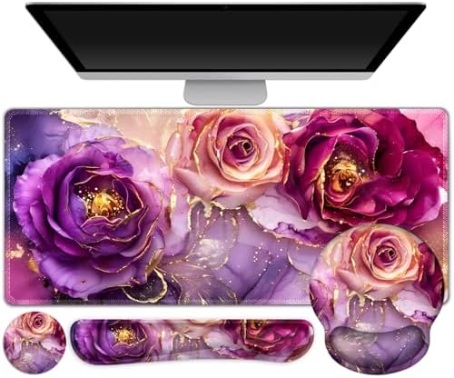 Gaming Mouse Pad Large Desk Mat, Cute Purple Marble Rose Desk Pad Protector by ToLuLu