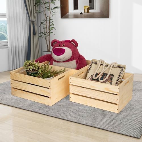1 Pack Unfinished Pine Wooden Crate (17x13x8.9 Inches), DIY Wooden Storage Crate with Handles, Easy-Assemble Pine Milk Crates Style Organizer for Home/Office/Farmhouse Decor (1) - Image 4