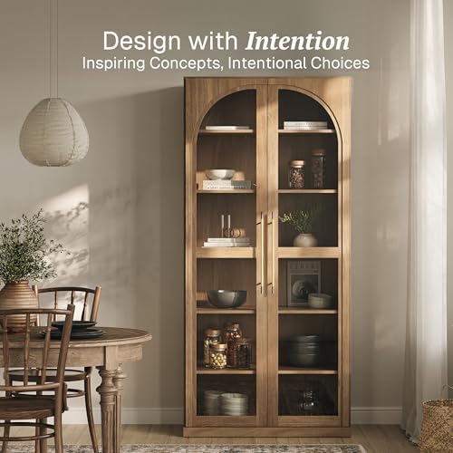 BELLEZE 67" Storage Cabinet Set of 2, 6 Shelf Glass Bookshelf Display Cabinet, Modern Wood Wine Curio Cabinets with 4 Adjustable Shelves, Trophy Display Case for Living Room, Wine, Camel - Image 3