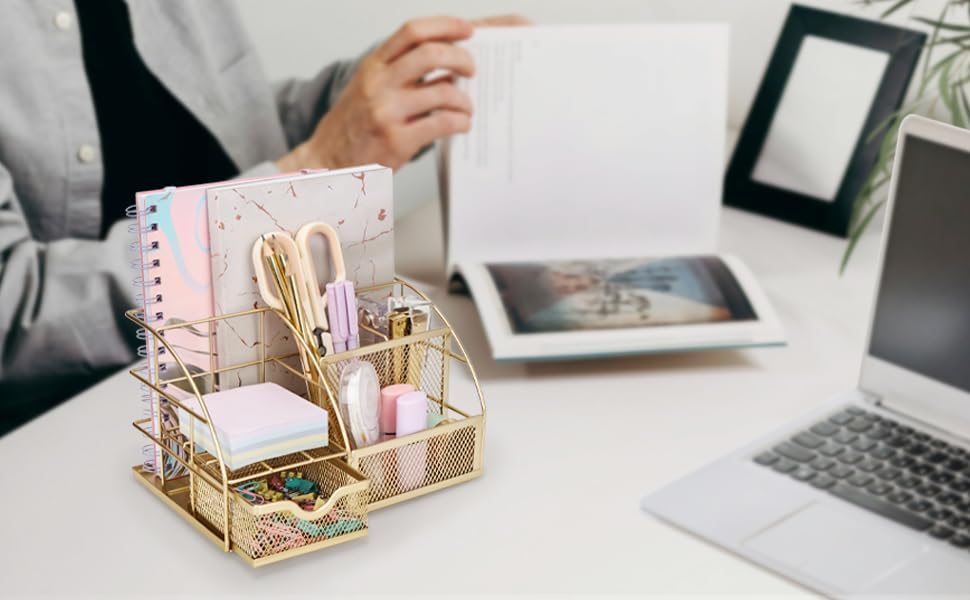 Exerz Desk Organizer Metal Mesh 7 Compartments Office Tidy Caddy Gold - Image 5
