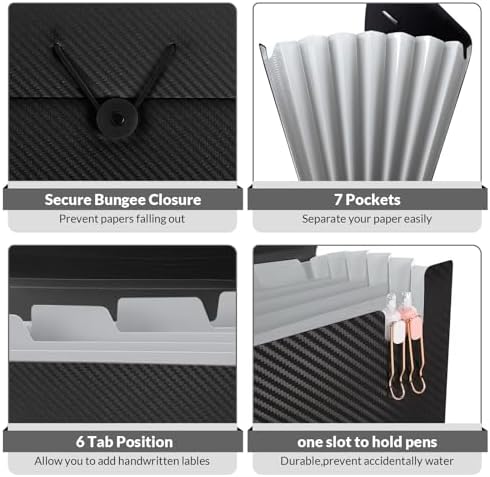 SKYDUE Expanding File Folder with 7 Pockets, Accordion File Organizer, Folders for Documents, Portable Receipt Paper Organizer, Letter Size Filing Folder School Office Supplies, Black - Image 4