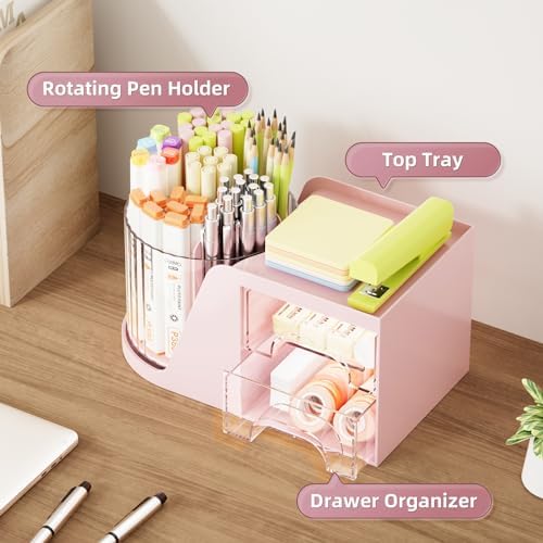Marbrasse Desk Organizer with 2 Drawer, 360°Rotating Pen Holder, Desk Organizers and Accessories with 6 Slots Pencil Organizer + 2 Drawer, Art Supply Storage Box Caddy for Office (Pink) - Image 2