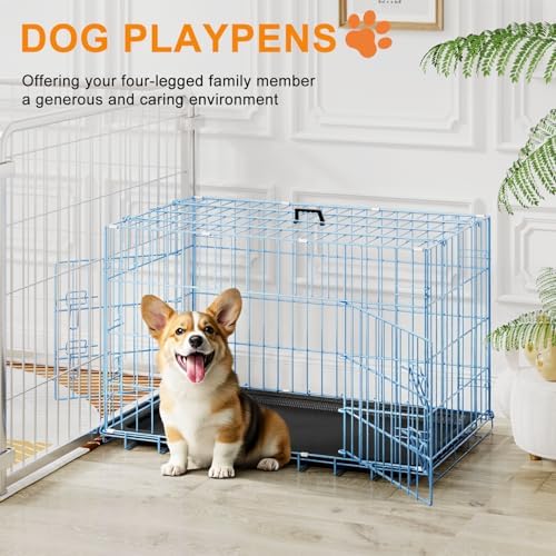 FDW | 30" Foldable Metal Dog Crate | Blue | Cage for Medium Dogs - Image 2