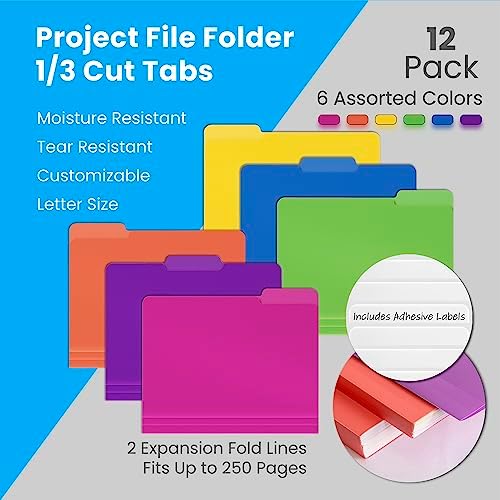 Better Office Products Heavyweight Poly File Folders, 1/3 Cut Tabs, 12 Pack, Assorted Colors, Letter Size, with Adhesive Labels, - Image 2