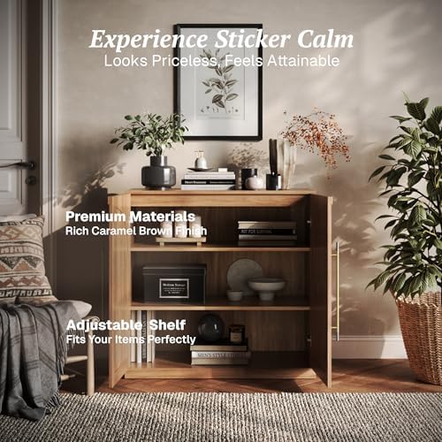 BELLEZE 3 Tier Bookshelf with Double-Arc Door, Modern Bookcase Shelf with Storage and Adjustable Shelves, Arched Buffet Wood Bookshelves for Living Room Office Entryway (Camel) - Image 4