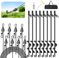 Tinnmao 8-Pack 17.7" Tent Stakes Heavy Duty, with 8" Ratchet Tie Down Straps (1/8" φ) Kit for High Wind, 8mm Solid Steel Spiral Ground Anchors Screw in for Tarp | Canopy | Sand Beach Camping Tent by TINNMAO