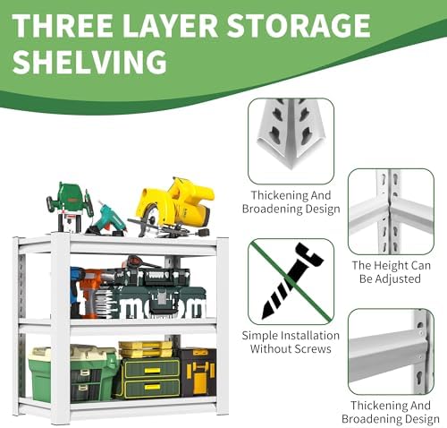 Garage Adjustable Storage Shelves, 3 Tier, Heavy Duty, 31" H*34.5" W*19.5" D, White - Image 4