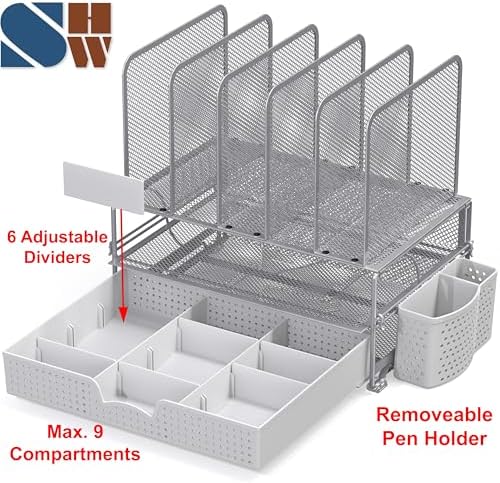 Simple Houseware Desk File Organizer for Office Supplies w/Drawer, Silver - Image 3