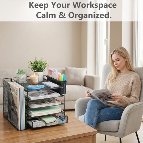 5-Tier Desk File Organizer with Drawer & Pen Holder (Black) - Image 6
