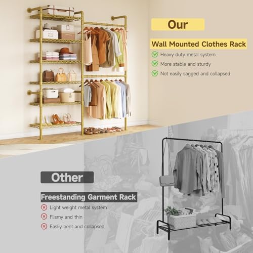 ONBRILL H2 Wall Mounted Clothes Rack, Expandable Metal Closet System(Gold) - Image 4