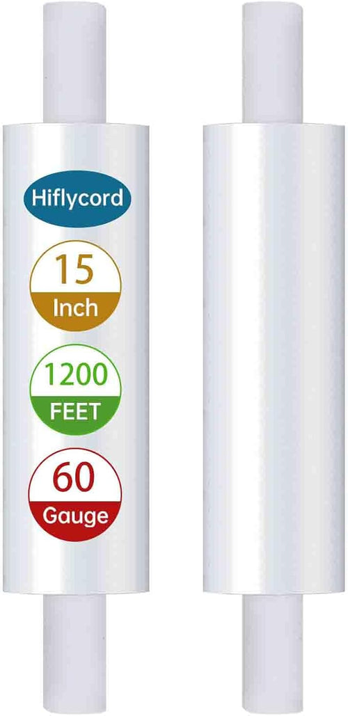 2 Rolls Stretch Film Wrap with Handles 15"x 1200ft, Heavy Duty Clear Plastic by Hiflycord