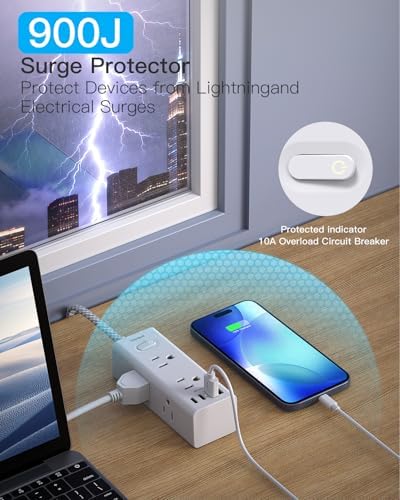 One Beat Surge Protector Power Strip, 6 Ft Flat Plug Extension Cord, 900J - Image 5