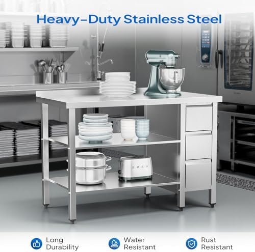 ROVSUN 48 x 24 Inches Stainless Steel Table with 3 Drawers, Heavy Duty Metal Prep & Work Table with Undershelf for Commercial Kitchen, Restaurant, Home, Hotel and Garage - Image 3