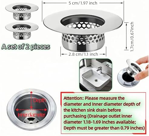 2-Pack Stainless Steel Drain Filter for Bathtub, Shower & Sink – 1.97” Universal Hair Catcher, Clog Preventer for Tub, Floor Drain, Bathroom Sink, Kitchen Sink – Easy Clean, Fast Flow, Odor & Guard - Image 6