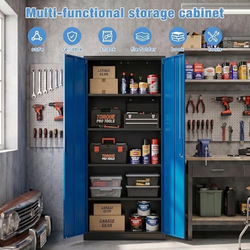SUXXAN 71-Inch Metal Garage Storage Cabinet with Locking Doors,Black-Blue - Image 6