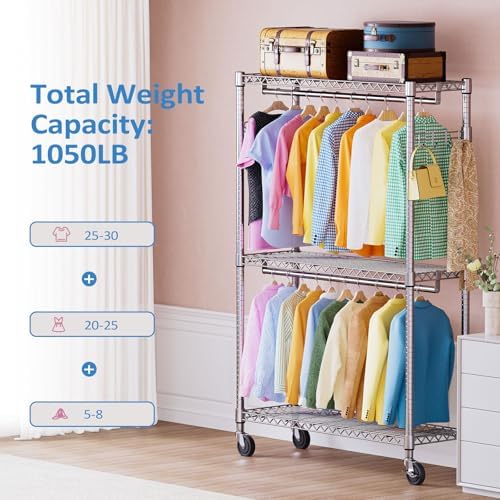 IZEUK Heavy Duty Rolling Garment Rack Wire Clothes Rack for Hanging Clothes (Chrome, 3 Tier with 2 Rod, 15.7" D x 45.3" W x 79.6" H) - Image 4