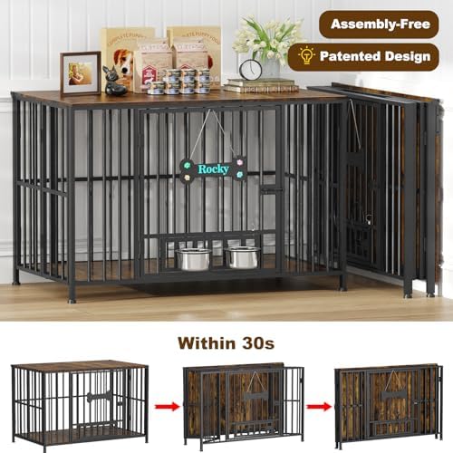 Easycom 43" Foldable Dog Crate Furniture for Large Dogs 60-80 lbs, Brown - Image 2