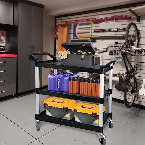 Plastic Utility Cart with Wheels, 3 Tier Rolling Cart with Lockable Wheels, Heavy Duty 510lbs Capacity Food Service Cart for Office, Restaurant, Kitchen, Home, Warehouse - Image 6