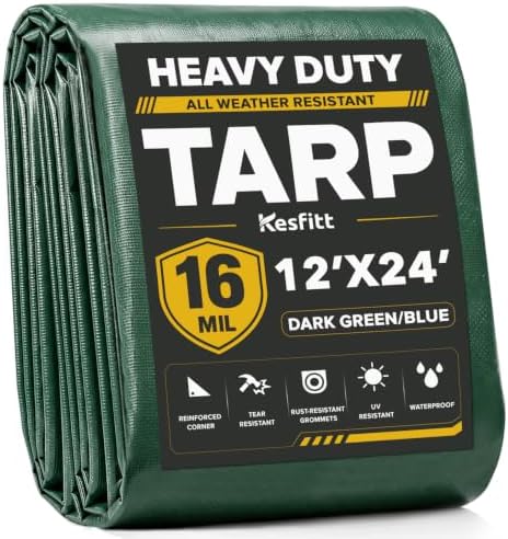 Kesfitt 16 Mil Heavy Duty Waterproof Tarp, 12x24 FT, Dark Green & Blue by Kesfitt