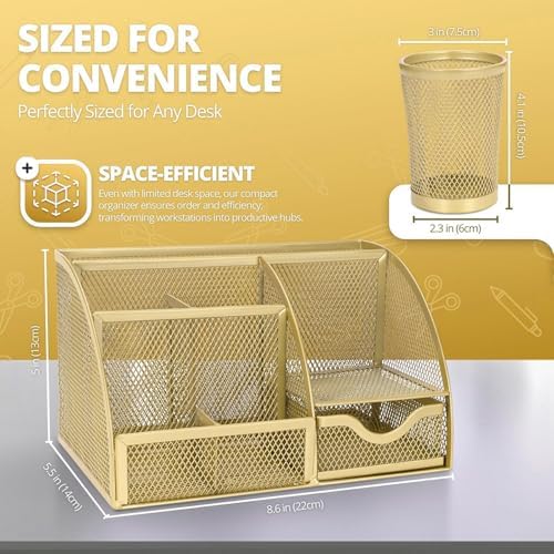 Flexzion Metal Mesh Desk Organizer with Drawer, 6 Compartments, Rose Gold - Image 6