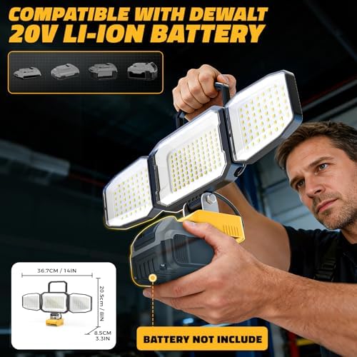 LED Work Light Compatible with DeWalt 20V Battery, 150W 15000LM Flood Light, 6500K Daylight 3-Head Adjustable, USB Type-C&2 Brightness Modes Portable Flashlight Job Site Light (Tool Only) - Image 2