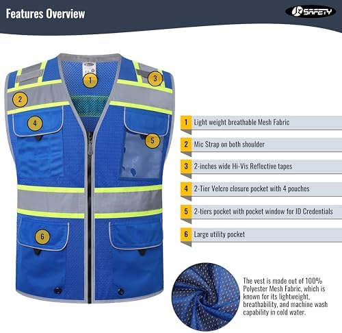 JKSafety Hi-Vis Unisex Surveyor Safety Vest Heavy Duty PPE Inner Pockets ANSI/ISEA Compliant - Image 3