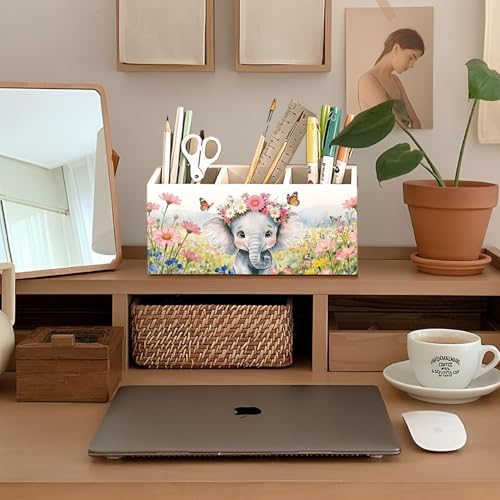 Elephant Pen Pencil Holder for Desk Accessories, Elephant Gifts for Women & Kids, Rustic Butterfly Flower Wild Animal Wooden Box Sign Decorations for Kids Room Home Office Desk Tabletop - Image 3