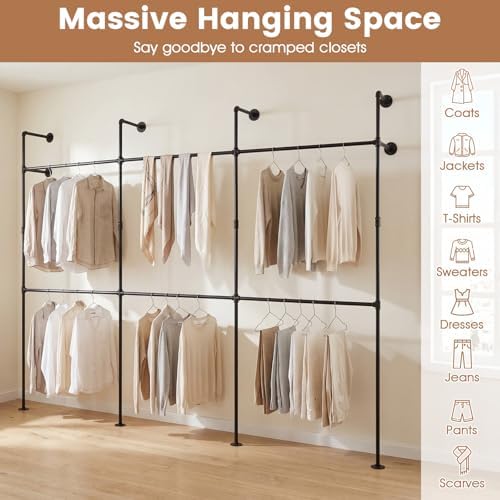 Giantex Industrial Pipe Clothing Rack, 118" Wall Mounted Heavy-Duty Metal Garment Organizer with 6 Hanging Rods, 2-Tier Walk-in Closet System for Wardrobe Closet, Retail Display - Image 5