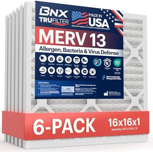 BNX TruFilter 16x16x1 Air Filter MERV 13 (6-Pack) - MADE IN USA - Electrostatic Pleated Air Conditioner HVAC AC Furnace Filters for Allergies, Pollen, Mold, Bacteria, Smoke, Allergen, MPR 1900 FPR 10 by BNX
