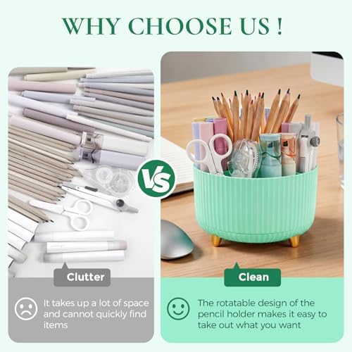 KONVINIT Pencil Pen Holder for Desk, 5 Slots 360-Degree Rotating Desktop Organizer, Cute Desk Organizers and Accessories for School, Home, Office and Art Supply, Mint Green - Image 3