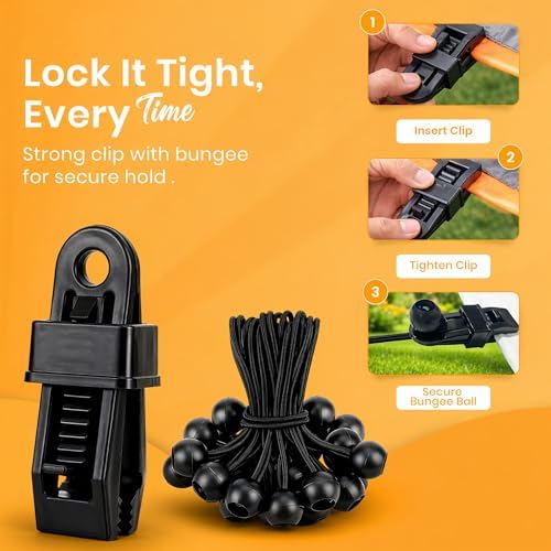 Tarp Clips with Ball Bungees, Heavy Duty Lock Grip Tarp Clamps, Anti-Slip Toothed Jaw, No-Tool Quick Setup, for Tarps, Canopies, Covers, Tents, Pack of 30 - Image 4