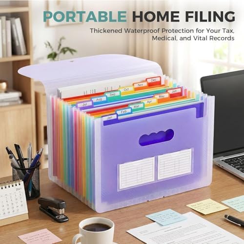 SKYDUE Accordion File Organizer, Expanding File Folder with 12 Pockets, Portable Document Paper Bill Receipt Organizer, Home School Office Supplies, Letter A4 Size Purple - Image 7