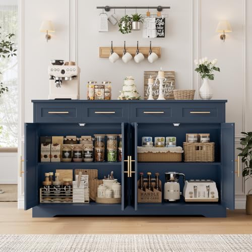 HOSTACK Sideboard Buffet Cabinet with Storage, Kitchen Cabinet, Blue/Gold - Image 6
