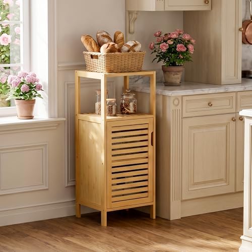 HITNET Bathroom Cabinet Freestanding, Small Bamboo Floor Cabinet, 4 Tier Single Door Sofa Side Table Storage Organizer, Space Saving Kitchen Cupboard, Natural - Image 2