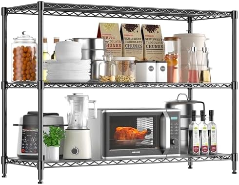 3-Shelf Adjustable Storage Shelves 35.1" W x 14" D x 36" H Metal Shelving Unit 450LBS Heavy Duty Wire Rack Small Organizer with Shelf Liners for Kitchen Pantry Bathroom Closet Garage Black by RackBro