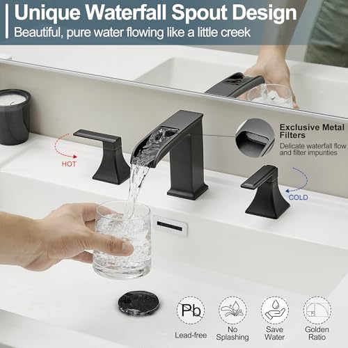 4-16 Inch Waterfall Bathroom Faucet Black, Modern Brass Bathroom Faucets 3 Hole, 2 Handle Widespread Faucet for Bathroom Sink with Pop-up Drain and Supply Hoses - Image 2