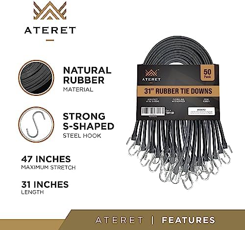 ATERET Rubber Bungee Cords with Hooks I 31 Inch, 47" Max Stretch I Heavy-Duty Black Tie Down Straps for Outdoor, Tarp Covers, Canvas Canopies, Motorcycle, and Cargo, Pack of 50 - Image 2