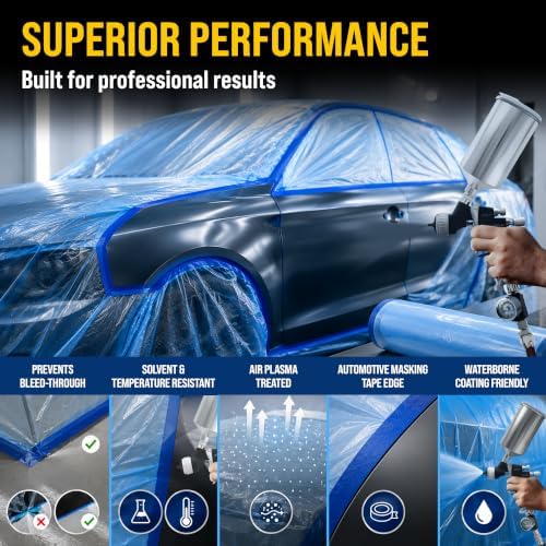 Dura-Gold 106" Wide x 46' Long Roll of Pure Blue Pre-Taped Masking Film, 3 Pack, Pre-Folded Overspray Paintable Plastic Protective Sheeting, Pull Down Drop Sheet - Auto Painting, Cover Walls Furniture - Image 5