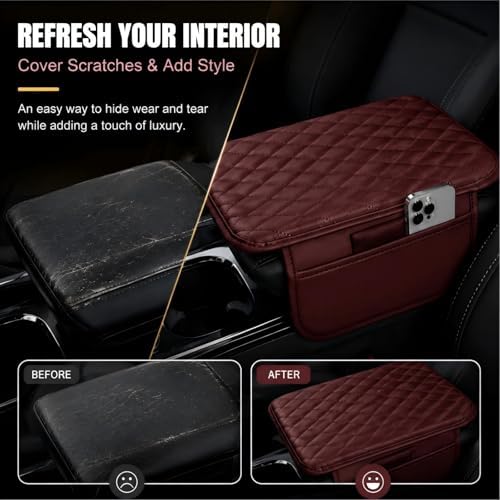 Car Center Console Cover, Upgraded Microfiber Leather Car Armrest Cover Cushion, Scratch-Resistant Armrest Storage Pad with 2 Storage Bags, Universal for SUV, Sedan, Truck (Red) - Image 7