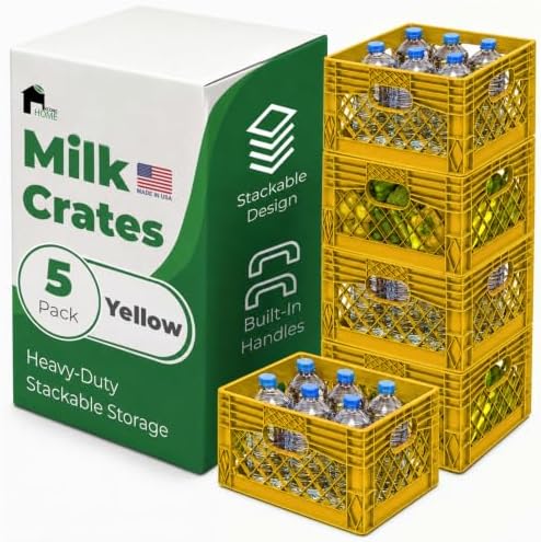 EconoHome Milk Crate - Stackable Storage Crate with Built-In Handles - Heavy Duty Plastic Material - Ventilated Organizer Bin for Garage, Pantry, Classroom, Office & Moving - Yellow, 13x13x11, 5-Pack by EconoHome