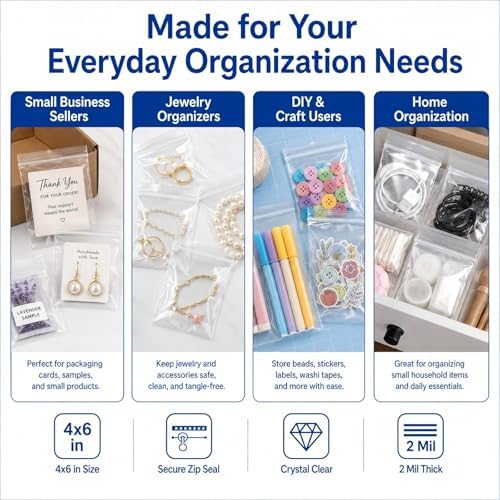 Small Plastic Bags, 4x6 in 200pcs 2 Mil Thick Mini Zip Bags for Jewelry Cards, Stickers, Cookies, Crafts, Samples, Seeds, Small Business Packaging & Home Organization - Image 5