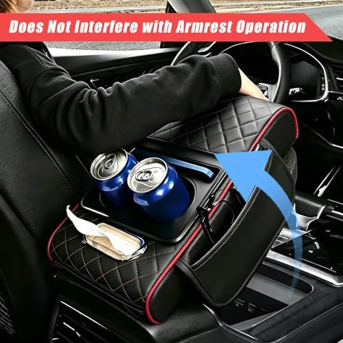 Car Armrest Cover, 5-in-1 Center Console Cover with Cup Holder, Black/Red - Image 4