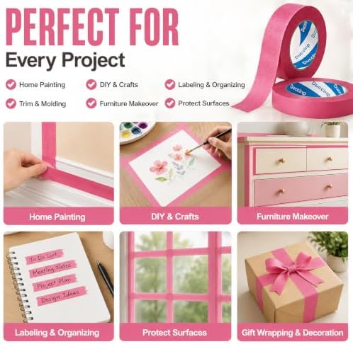 Pink Painters Tape 1 Inch Wide, 2 Rolls Masking Tape 0.98 in x 55 Yd, Pink Masking Tape No Residue, Easy Tear Paint Tape for Wall Painting, DIY, Window Masking, Home Improvement - Image 6