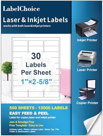 500 Sheets 15000 Pcs 30 Up Labels 1" x2-5/8 Shipping Address Labels for Laser & Inkjet Printers, Mailing Labels 30 per Sheet Return Address Stickers, 30 per Page on US Letter by LabelChoice