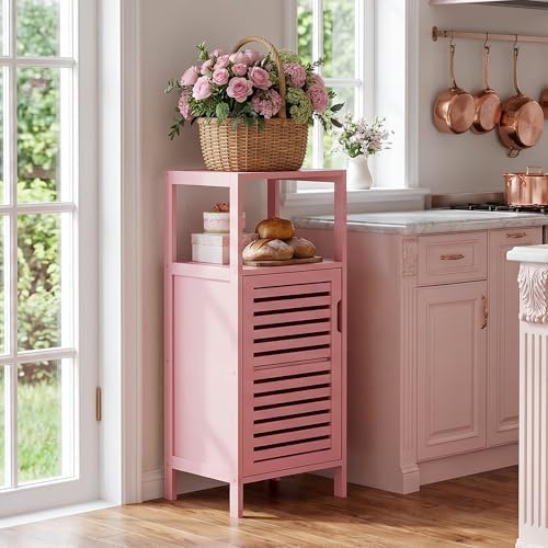 HITNET Small Bathroom Storage Cabinet, Bamboo Floor Cabinet Single Door, Freestanding Narrow Side Organizer for Living Room Hallway Entryway, Pink - Image 2