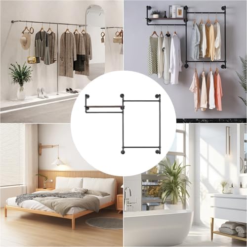 Industrial Pipe Clothing Rack, Wall Mounted Heavy Duty Garment Rack with Wood Shelf, Rustic Metal Closet Organizer for Bedroom, Laundry Room & Retail Store Display, Black, 58”W x 12”D x 46”H - Image 6