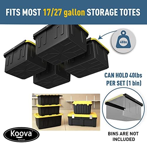 Koova Heavy-Duty Overhead Garage Storage Rack for 4 Bins. Adjustable Width, 160lb Capacity. DIY Safe Ceiling Mount, Easy Install. Fits 27-Gallon Totes. USA Made Pro-Grade Steel. Space Saving Organizer - Image 3