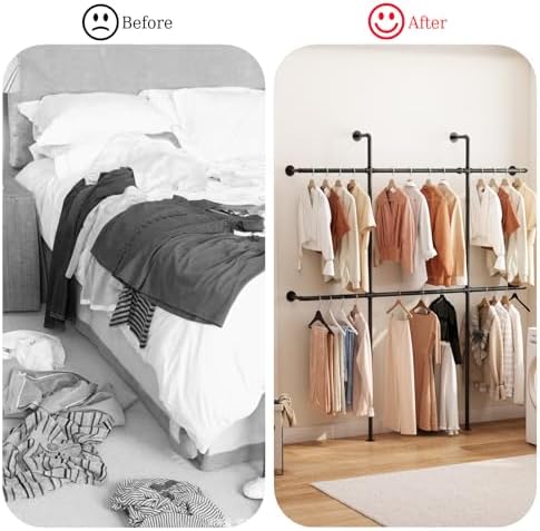 Industrial Pipe Clothing Rack Wall Mount, Black Pipe Clothes Rack with 6 Hanging Rods, Heavy Duty Pipe Clothing Rack for Laundry Room, Closet Systems for Walk in Closets - Image 6