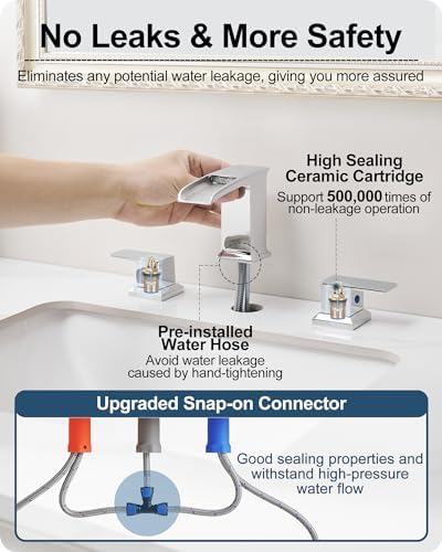 3 Hole Bathroom Faucet Waterfall, Chrome 8 Inch 2 Handles with Drain - Image 5