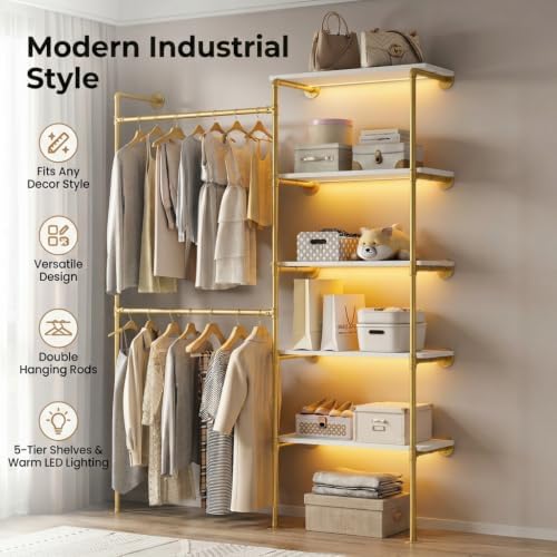 Industrial Pipe Clothing Rack with LED Lights& Shelves, Gold - Image 5